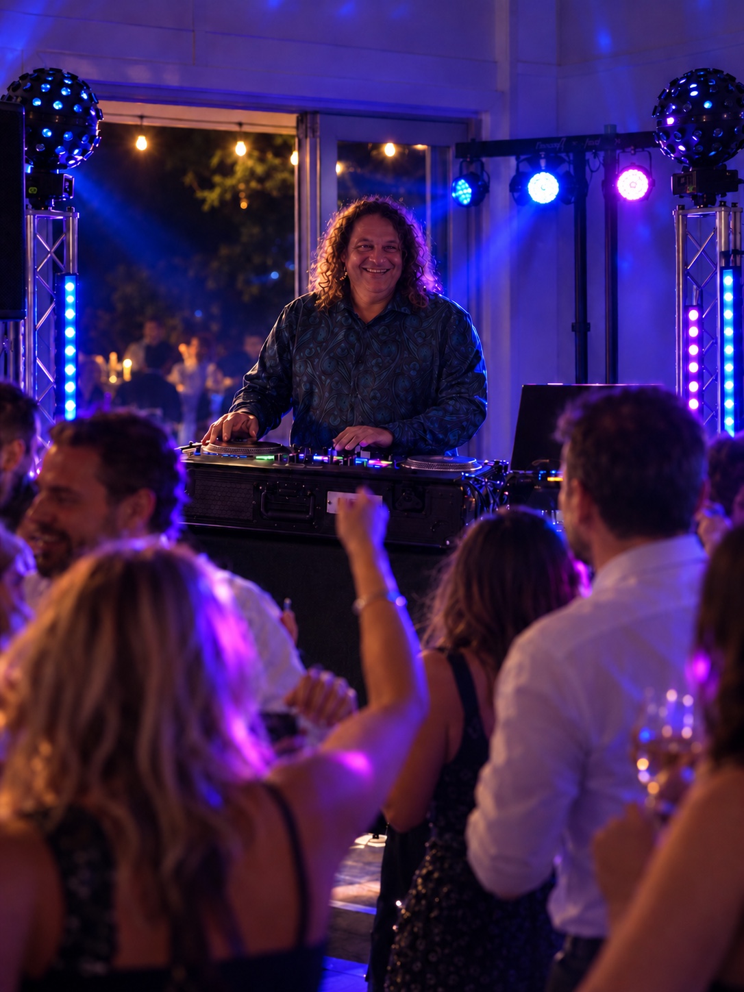 Illustrative scene of Dale at his DJ decks, visible beyond people dancing